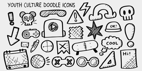 Collection of hand drawn youth culture doodle icons and symbols for design