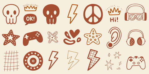 Collection of hand drawn doodle icons including skulls crowns peace signs and gaming controllers © Sourav