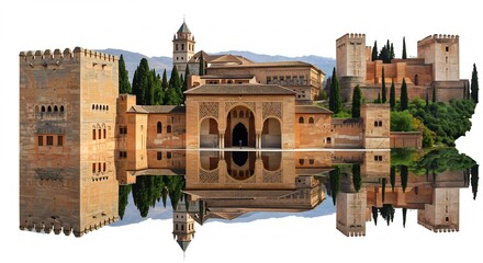 Reflet parfait palais Alhambra soleil matinal architecture andalouse. AI Generated