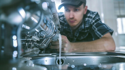 Focused plumber repairs a leaky kitchen faucet in a modern home environment