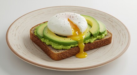Oeuf poch� fondant sur avocat toast� lumi�re douce matinale. AI Generated