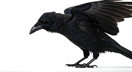 Corbeau noir puissant ailes d�ploy�es fond blanc lumi�re nette. AI Generated