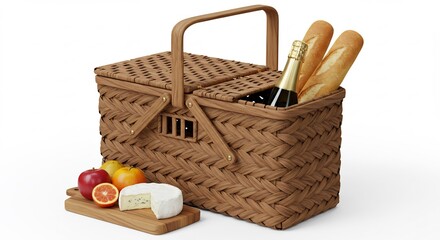 Panier pique-nique �l�gant tissage brun clair lumi�re douce fruits fromage pain. AI Generated
