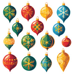 a collection of vintage-style christmas ornaments in shades of red, green, gold, and blue with intricate designs and a slightly textured appearance.