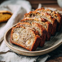 Freshly Baked Banana Bread Slices on a Rustic Plate