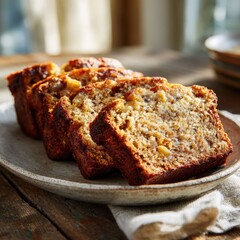 Freshly Baked Banana Bread Slices on Rustic Wooden Table