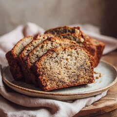 Freshly Baked Banana Bread Slices on Rustic Plate and Linen