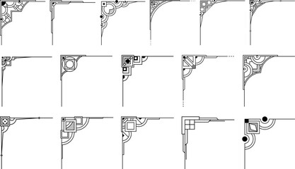 Elegant geometric corner ornament vector set with intricate art deco and modern line patterns, perfect for frames, borders, invitations, and architectural decorative design projects.