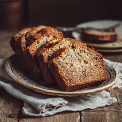 Sliced Homemade Banana Bread on Rustic Wooden Table with Plate