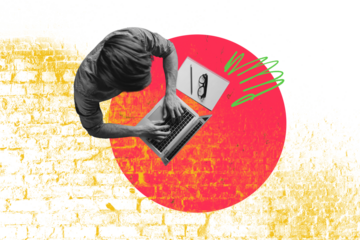 Composite photo collage of businessman freelancer type laptop workplace supplies notepad pencil glasses isolated on painted background