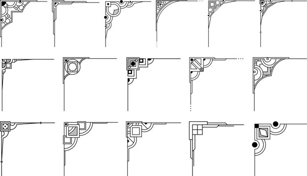 Elegant geometric corner ornament vector set with intricate art deco and modern line patterns, perfect for frames, borders, invitations, and architectural decorative design projects.