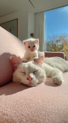 White Cat and Kitten Relaxing Together on a Soft Sofa