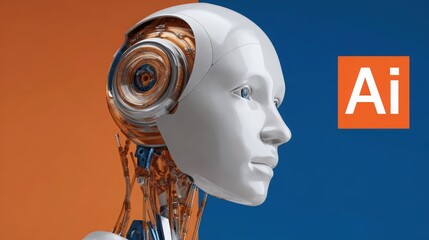 Futuristic Robotic Head with Detailed Mechanics and Blue Orange Background