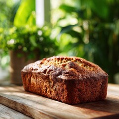 Freshly Baked Banana Bread on Wooden Table Surrounded by Greenery