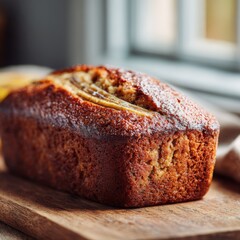 Freshly Baked Banana Bread on Wooden Board in Natural Light