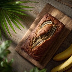 Freshly Baked Banana Bread on Wooden Board with Bananas Nearby
