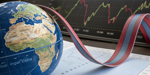 Global finance risk ribbon volatility curve world map stock chart market trend data analysis economic concept investment trading analytics pulse swirl across globe and report sheet
