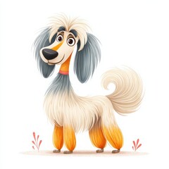 Playful cartoon Afghan hound with fluffy fur and cheerful expression