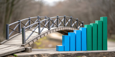 Naklejka premium Wooden bridge bar chart growth progress connection strategy finance concept solution success Wood bridge spans gap as colorful bar chart climbs upward, symbolizing growth, progress, and connection
