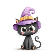 Cute Black Cat Wearing Purple Witch Hat for Halloween Illustration