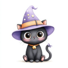 Cute Black Cat with Wizard Hat and Big Eyes for Halloween Theme