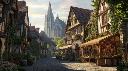 Peaceful medieval village street with cobblestone path, flower-covered timber houses, and grand cathedral in warm evening light, ideal for fantasy art, storytelling, travel, or historical design