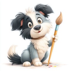 Cute Cartoon Dog Painting with Brush and Colorful Palette
