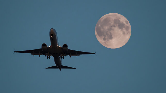Plane flies against a large moon. The plane is centered in the frame, with wings spread. Full moon shining brightly in the sky.