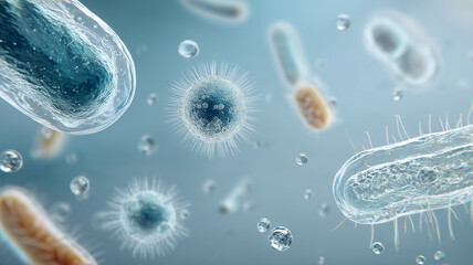 Airborne and waterborne microbes with bacteria and viral particles visualizing contamination risk and the importance of hygiene prevention and safety.
