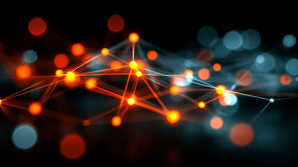 Connected nodes and lines form a digital network illustrating data flow communication systems and modern technology for analytics and innovation.
