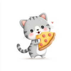 Cute Gray Kitten Holding a Slice of Pizza with Cheerful Expression