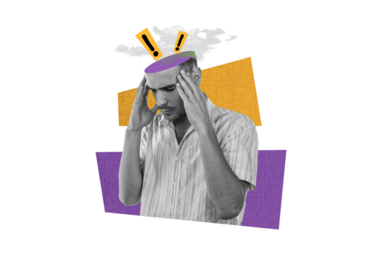 Creative photo collage image young man stress exclamation mark caution worried migraine headache clouds environment drawing background - Powered by Adobe
