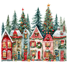 Fototapeta premium a whimsical watercolor illustration depicts a row of charming, snow-dusted houses decorated for christmas with brightly lit windows and festive evergreens.