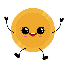 Kawaii gold coin character with cheerful expression and playful limbs in a vibrant design