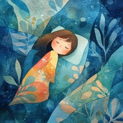 Serene Girl Sleeping in Dreamy Blue and Green Nature Landscape