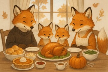 Fototapeta premium Charming fox family autumn feast
