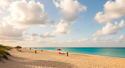 A scenic beach view with turquoise water, white sand, and a partly cloudy sky during the daytime ai generated
