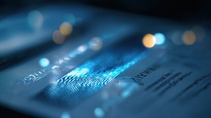 Closeup medium shot highlighting a hologram embedded in a document form sharply focused to emphasize intricate reflective features against a softly blurred background.