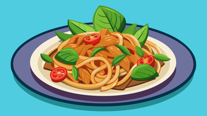 A plate of pasta with tomatoes and basil. The plate is blue and white. The pasta is long and thin