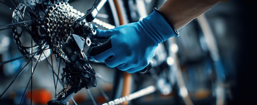 The bicycle mechanic adjusting rear derailleur with gloved hands in workshop