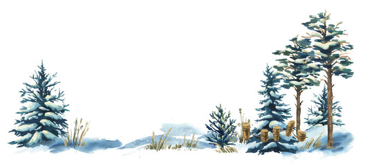 Minimal winter template featuring snow-covered pine trees, frosty grasses and open horizon, elegant airy rustic cozy composition ideal for holiday branding hand-painted watercolor illustration.