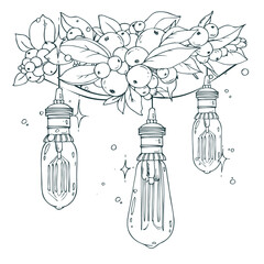 A hand-drawn line art of a snowberry garland with vintage Edison bulbs and magical twinkling stars. This elegant monochrome illustration is perfect for winter holiday branding and festive website