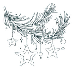 This image shows a fir branch with delicate star and bead ornaments and a magical glow. This intricate monochrome line art is suited for scrapbooking and digital greeting cards.