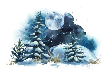Hand-painted watercolor illustration of snowy forest with moon and pines, atmospheric winter composition perfect for Christmas cards, posters, wall art, and seasonal festive decoration.