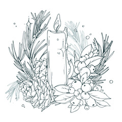 A large composition with a burning candle, pine branches, cones, and a New Year s glow. This detailed hand-drawn line art is perfect for blog headers about cozy holidays.