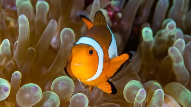 A vibrant orange clownfish, or anemonefish, finds a safe haven within the flowing tentacles of its host sea anemone on a coral reef