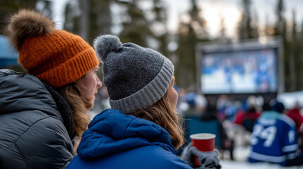 Two hundred hockey fans gather for outdoor viewing party watching game on 20 foot projection screen in park bundled spectators wear team colors and react to plays while hot
