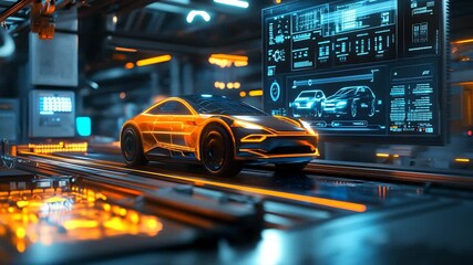 Futuristic orange electric car on assembly line with digital display technology innovation - Powered by Adobe