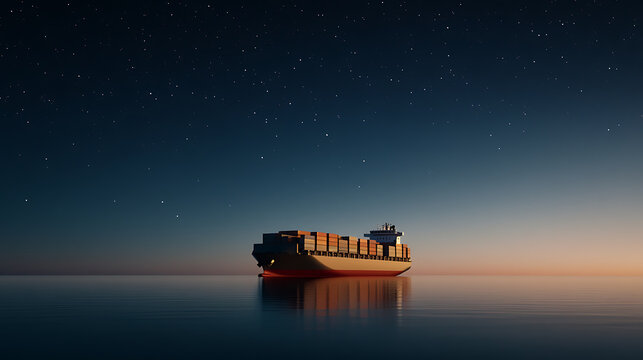 Cargo ship at sea under a starry night sky. Tranquil scene of global commerce crossing calm waters as dawn breaks on the horizon. Maritime transport.