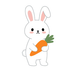 Cute Kawaii White Rabbit Holding Carrot Vector Illustration